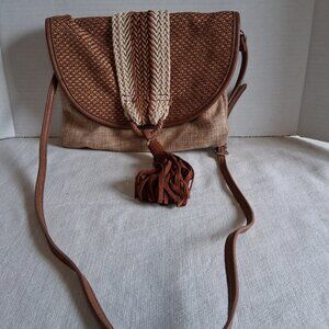 STEVEN Brown Suede Woven Leather Crossbody Bag Boho Hippie Tassel Flap Purse